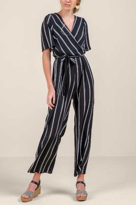 Francesca's Brenda Wrap Front Striped Jumpsuit - Black