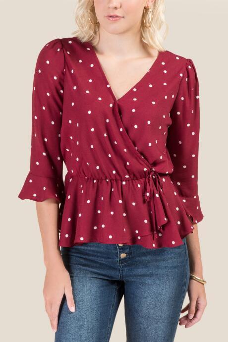 Francesca's Kennedy Polka Dot Wrap Blouse - Brick