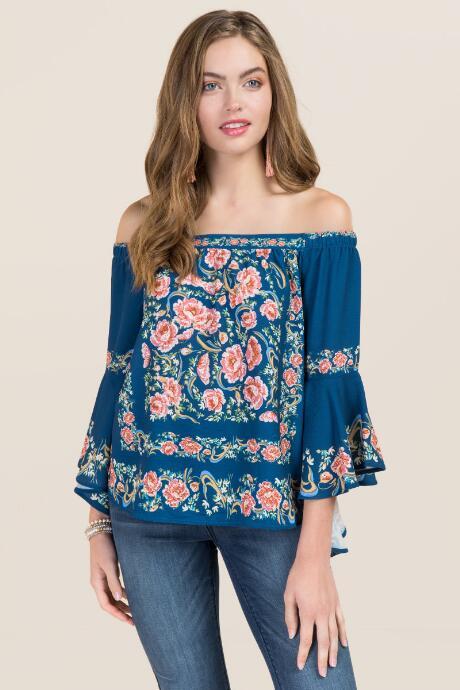 Francesca Inchess Kinsey Floral Off Shoulder Salsa Sleeve Top - Peacock