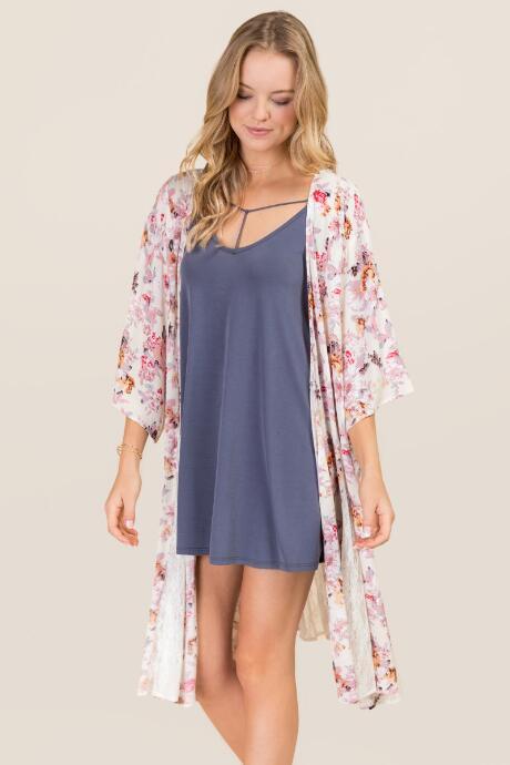 Francesca's Gianna Floral Kimono - Ivory