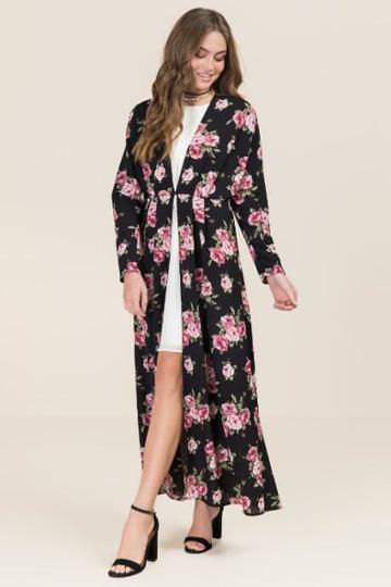 Mi Ami Jemma Floral Maxi Kimono - Black