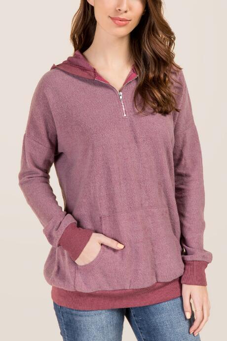 Francesca's Sally Half Zip Pocketed Hoodie - Burgundy