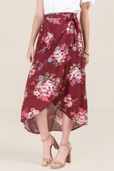Francesca's Madeline Floral Wrap Skirt - Brick