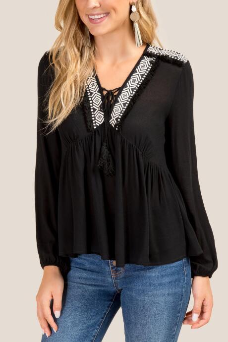 Francesca's Rochelle Embroidered Trim Blouse - Black