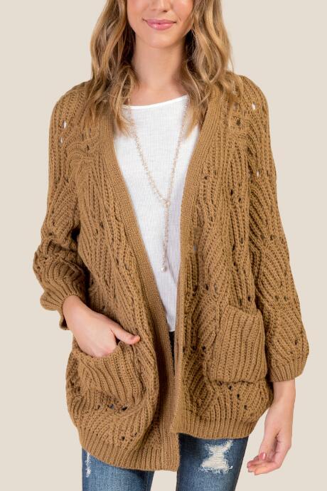 Francesca's Beth Chunky Pointelle Cardigan - Taupe