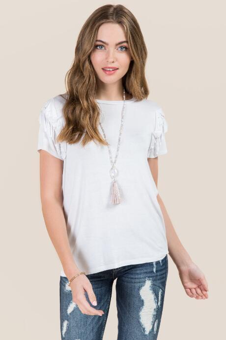 Jainsons International Jules Pearl Embellished Ruffle Short Sleeve Tee - White