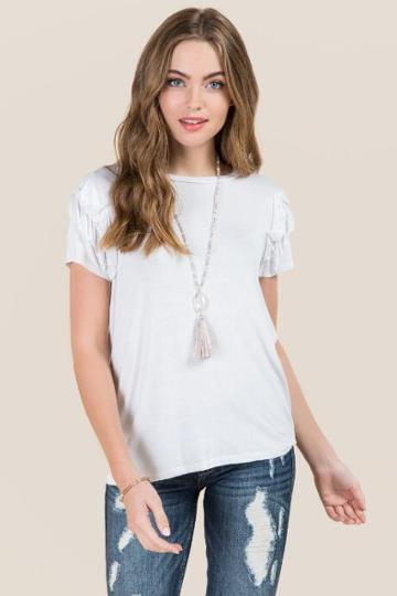 Jainsons International Jules Pearl Embellished Ruffle Short Sleeve Tee - White
