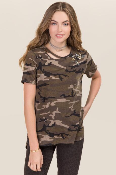 Group La Laurie Shoulder Bee Embroidery Camo Top - Olive