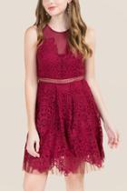 Francesca's Iesha Lace Tulle Hem Dress - Burgundy
