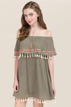 Francesca's Havana Embroidered Off Shoulder Dress - Dark Olive