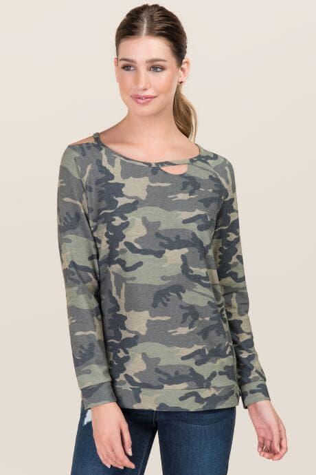 Alya Candis Cut Out Camo Sweatshirt - Dark Olive