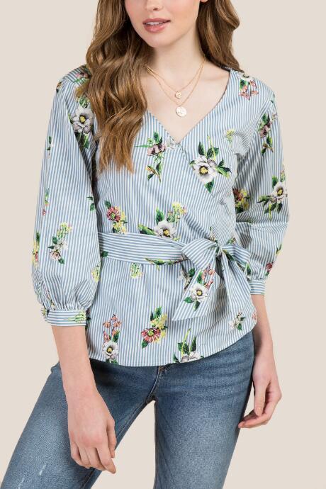 Francesca's Mara Wrap Front Long Sleeve Top - Light Blue