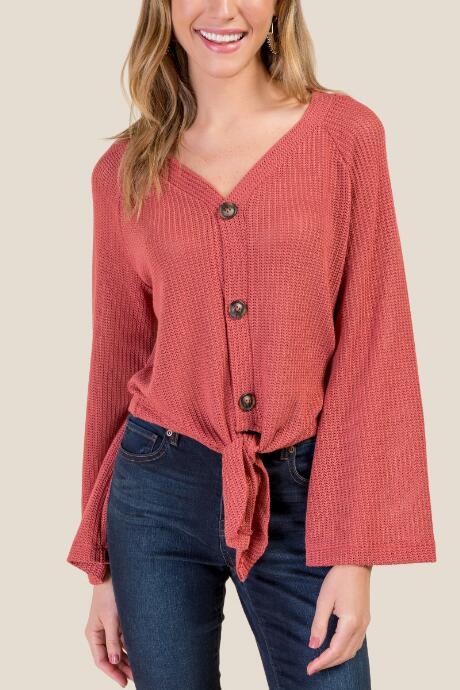 Francesca's Brianna Buttoned Front Tie Top - Cinnamon