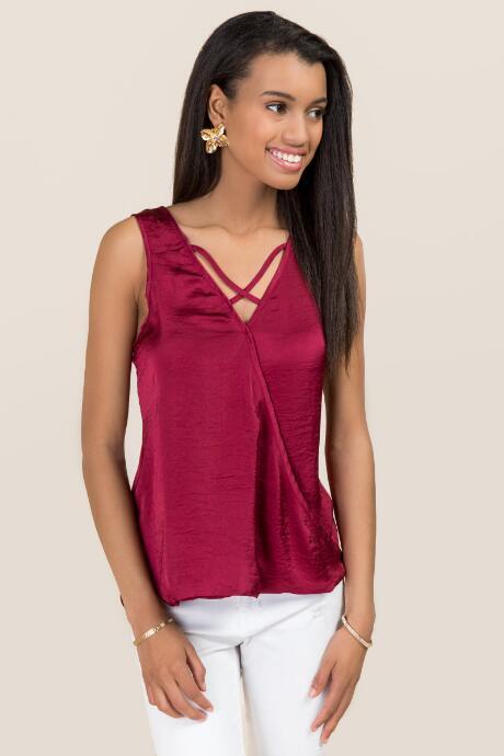 Blue Rain Sofia Surplus X Neck Washed Satin Sleeveless Tank - Wine
