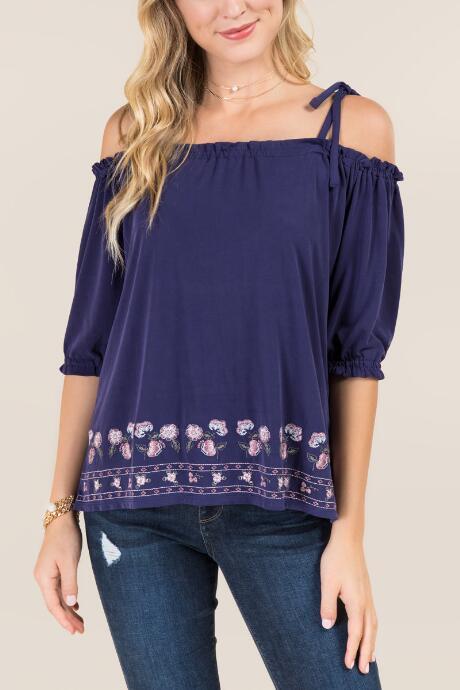 Francesca's Jacey Cold Shoulder Embroidered Tee - Navy