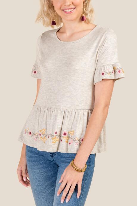 Francesca's Karlee Floral Embroidered Peplum Top - Heather Oat