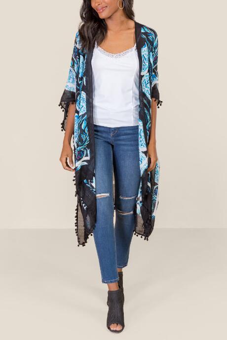 Francesca Inchess Paisley Pom Pom Ruana - Blue