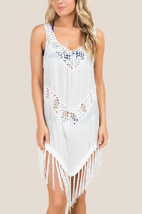 Francesca's Jaxon Crochet Fringe Hem Swim Cover Up - White