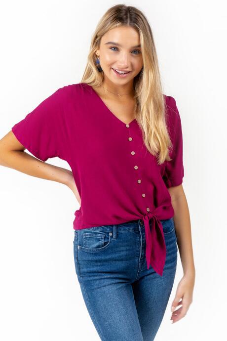 Francesca's Liza Front Tie Button Blouse - Burgundy