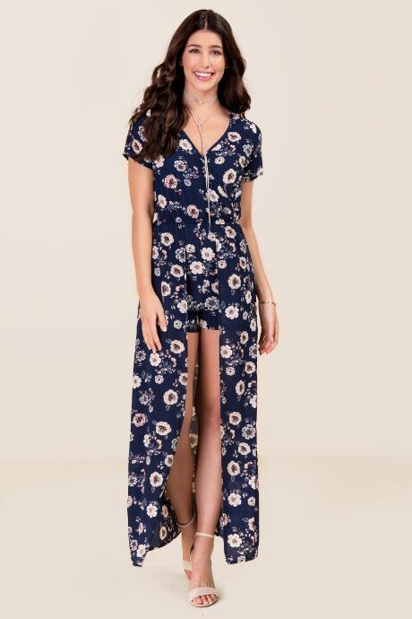 Francesca's Evelyn Floral Maxi Romper - Navy