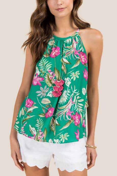 Francesca Inchess Channing High Neck Tropical Sleeveless Tank - Jade