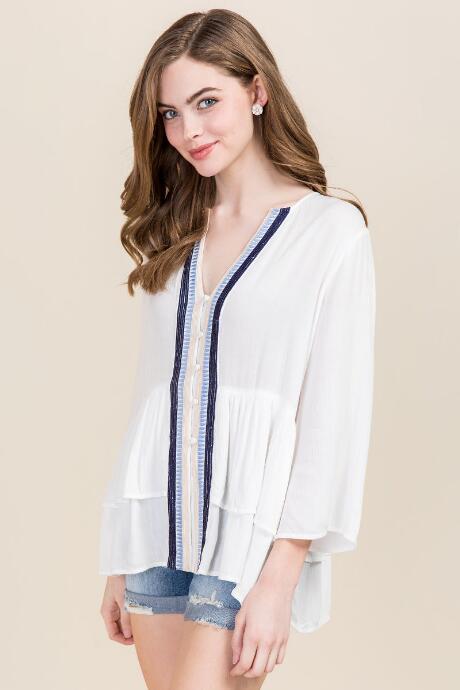 Blue Rain Clarisse Embroidered Button Down - White