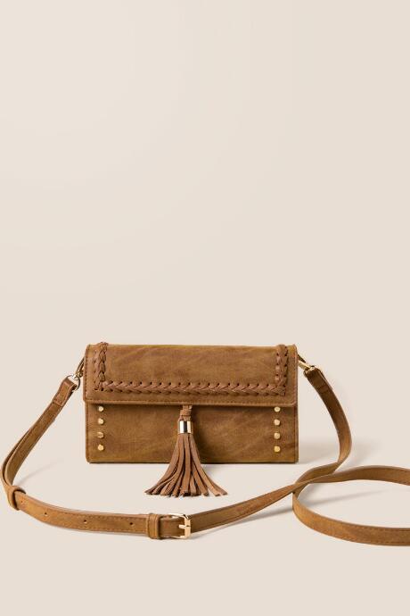Francesca's Barton Braided Tassel Wallet Crossbody - Brown