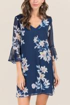 Miami Charlette Floral Bell Sleeve Shift Dress - Navy