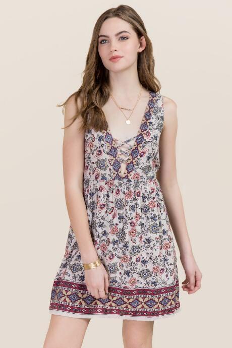 Francesca's Skylar Lace Up Floral Dress - Ivory