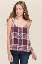 Trixxi Briarly Embroidered Front Layer Plaid Tank - Wine
