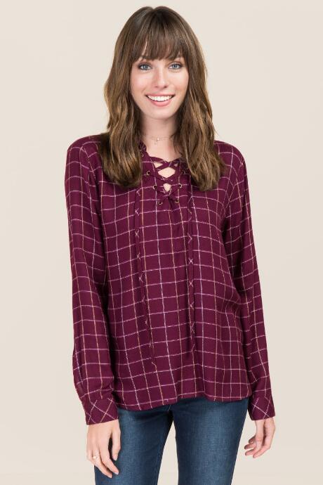 Francesca's Aisha Lattice Lace Up Plaid Top - Wine