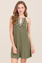 Alya Isabetta Gigi Embroidered Shift Dress - Dark Olive