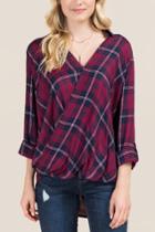 Jainsons/mc Kelsea Plaid Surplus Wrap Collar Top - Burgundy