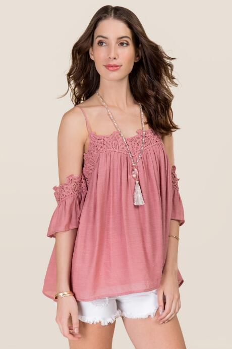 Blue Rain Gemma Crochet Cold Shoulder Top - Pink