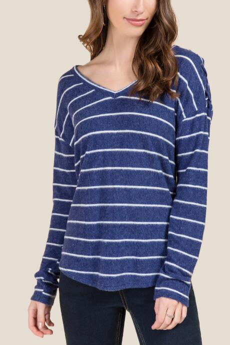 Francesca's Britt Lattice Shoulder Striped Top - Navy