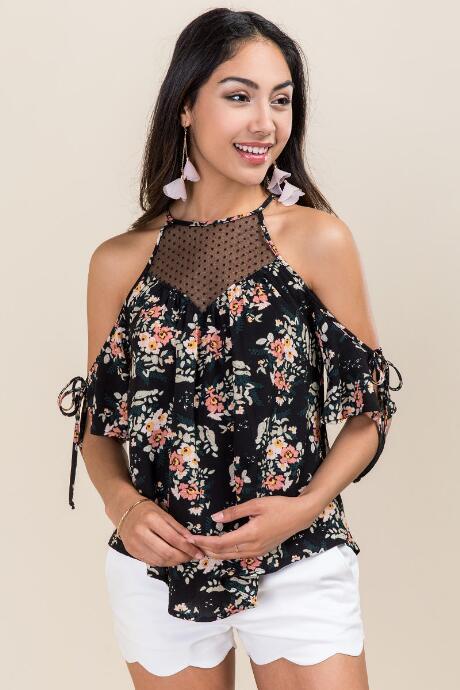 Blue Rain Cherie High Neck Floral Cold Shoulder Top - Black