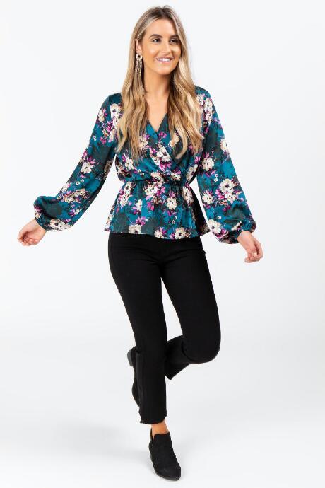 Francesca's Indira Floral Peplum Blouse - Emerald