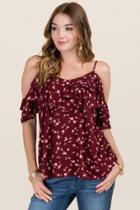 Blue Rain Maura Floral Sweatheart Cold Shoulder Top - Wine
