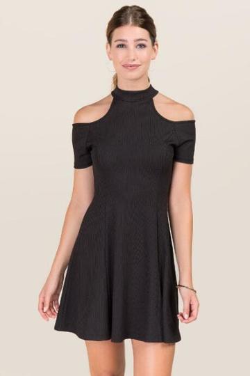 Alya Dorrie High Neck Cold Shoulder Knit A-line Dress - Black