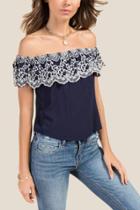 Francesca Inchess Carly Off The Shoulder Embroidered Top - Navy