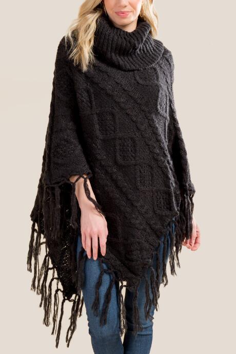Francesca's Aliza Cable Knit Poncho - Black