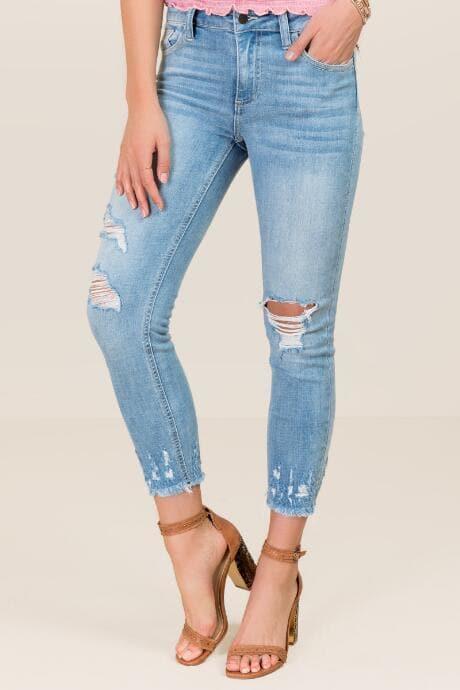 Harper Mid Rise Destructed Chewy Hem Crop Jeans - Medium Wash