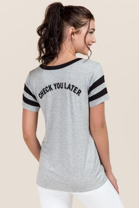 Alya Check You Later Embroidered Graphic Tee - Heather Gray
