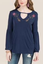 Francesca's Jelina Embroidered Keyhole Top - Navy