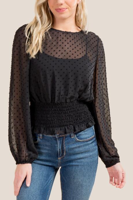 Francesca Inchess Em Swiss Dot Smock Waist Blouse - Black