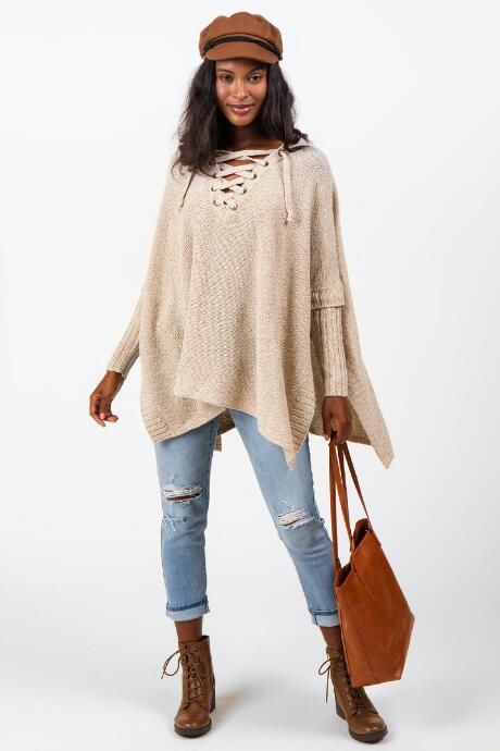 Francesca's Ellie V Lattice Front Poncho - Heather Oat