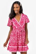 Francesca's Channing Scarf Print Wrap Dress - Bright Red