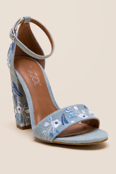 Sugar Slick Embroidered Denim Block Heel - Light Blue