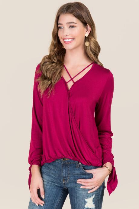 Jolie Corinne Long Sleeve Surplus X Neck Tee - Burgundy