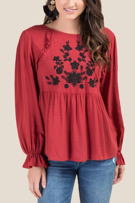 Francesca's Caroline Embroidered Peasant Blouse - Cinnamon